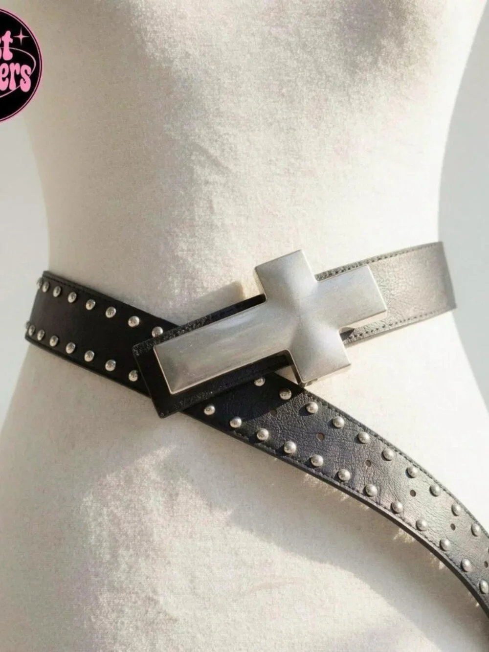 Y2K 2000s style Black leather studded cross belt with silver hardware